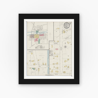 Old map wall art mockup — black gallery frame with white mat — Sanborn Fire Insurance Map from Omro, Winnebago County, Wisconsin (1895), Sheet #0001