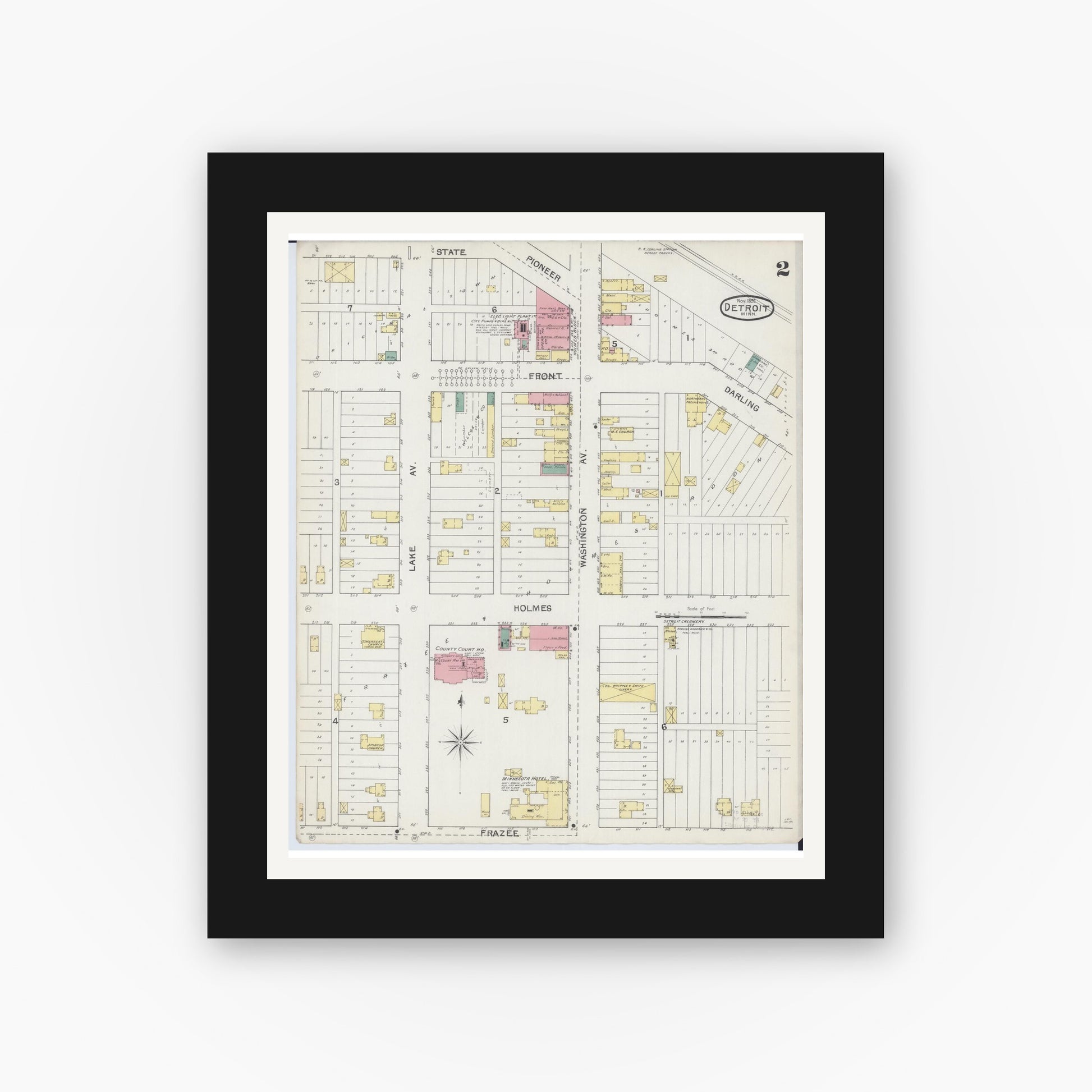 Old map wall art mockup — black gallery frame with white mat — Sanborn Fire Insurance Map from Detroit Lakes, Becker County, Minnesota (1892), Sheet #0002