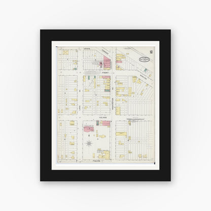 Old map wall art mockup — black gallery frame with white mat — Sanborn Fire Insurance Map from Detroit Lakes, Becker County, Minnesota (1892), Sheet #0002