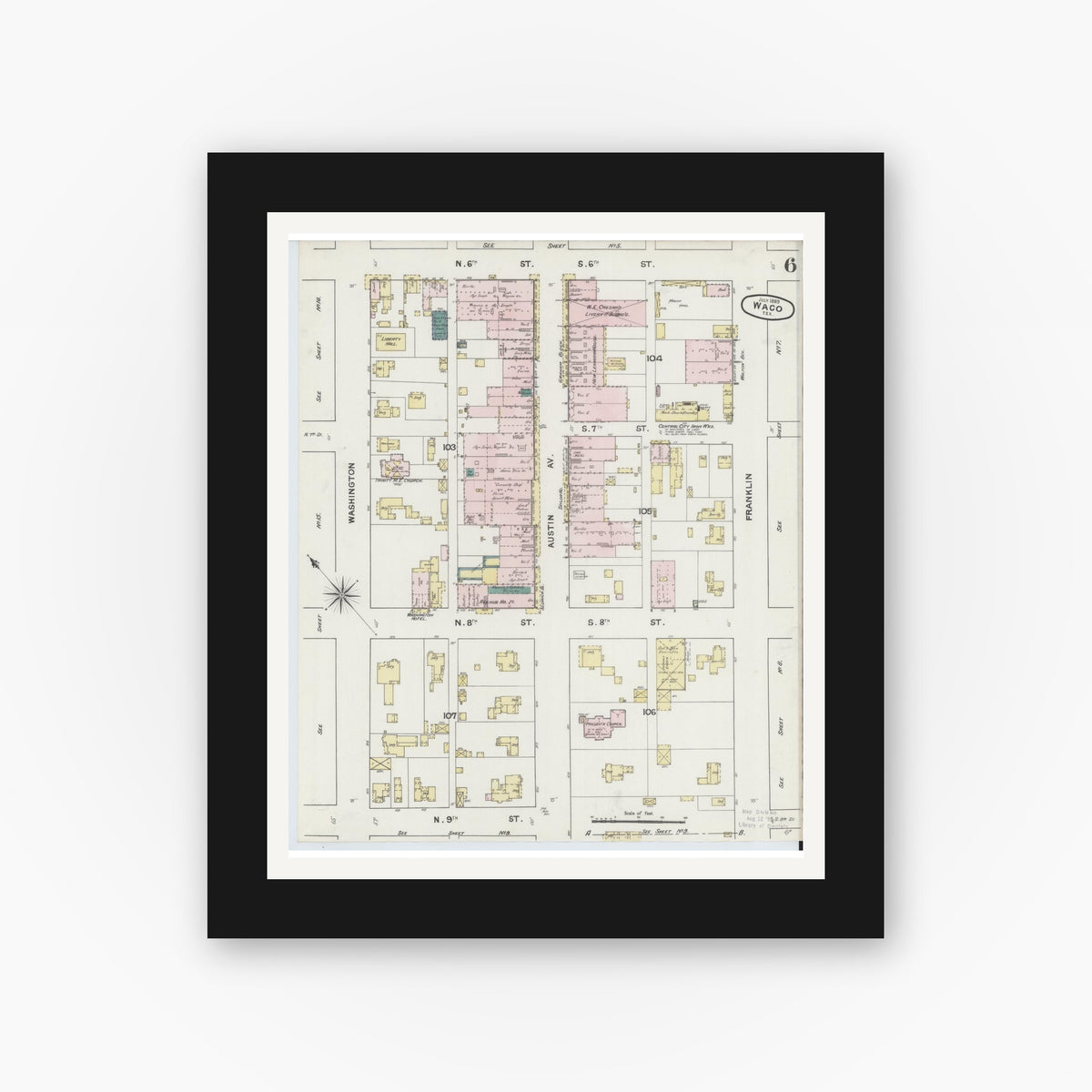 Old map wall art mockup — black gallery frame with white mat — Sanborn Fire Insurance Map from Waco, McLennan County, Texas (1889), Sheet #0006