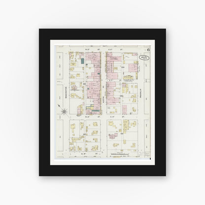 Old map wall art mockup — black gallery frame with white mat — Sanborn Fire Insurance Map from Waco, McLennan County, Texas (1889), Sheet #0006