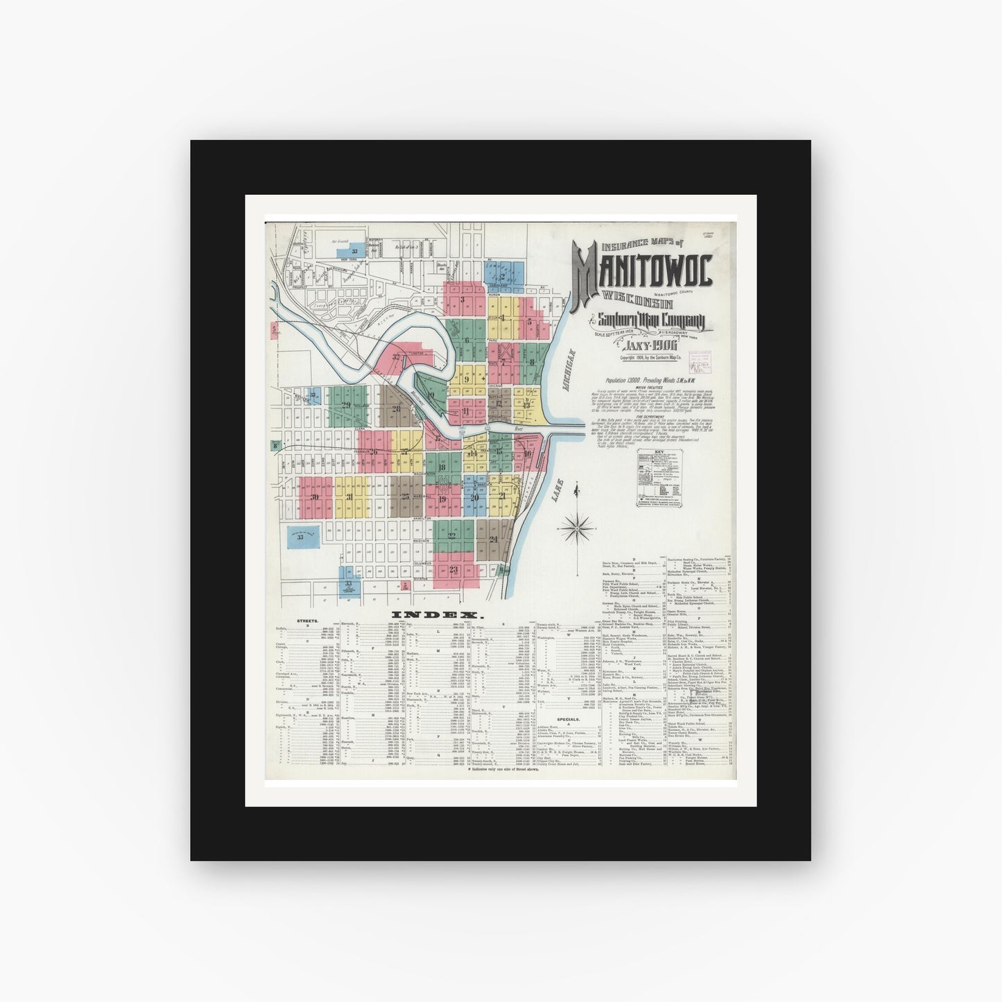Old map wall art mockup — black gallery frame with white mat — Sanborn Fire Insurance Map from Manitowoc, Manitowoc County, Wisconsin (1906) - Complete Map Set