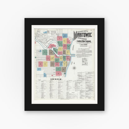 Old map wall art mockup — black gallery frame with white mat — Sanborn Fire Insurance Map from Manitowoc, Manitowoc County, Wisconsin (1906) - Complete Map Set
