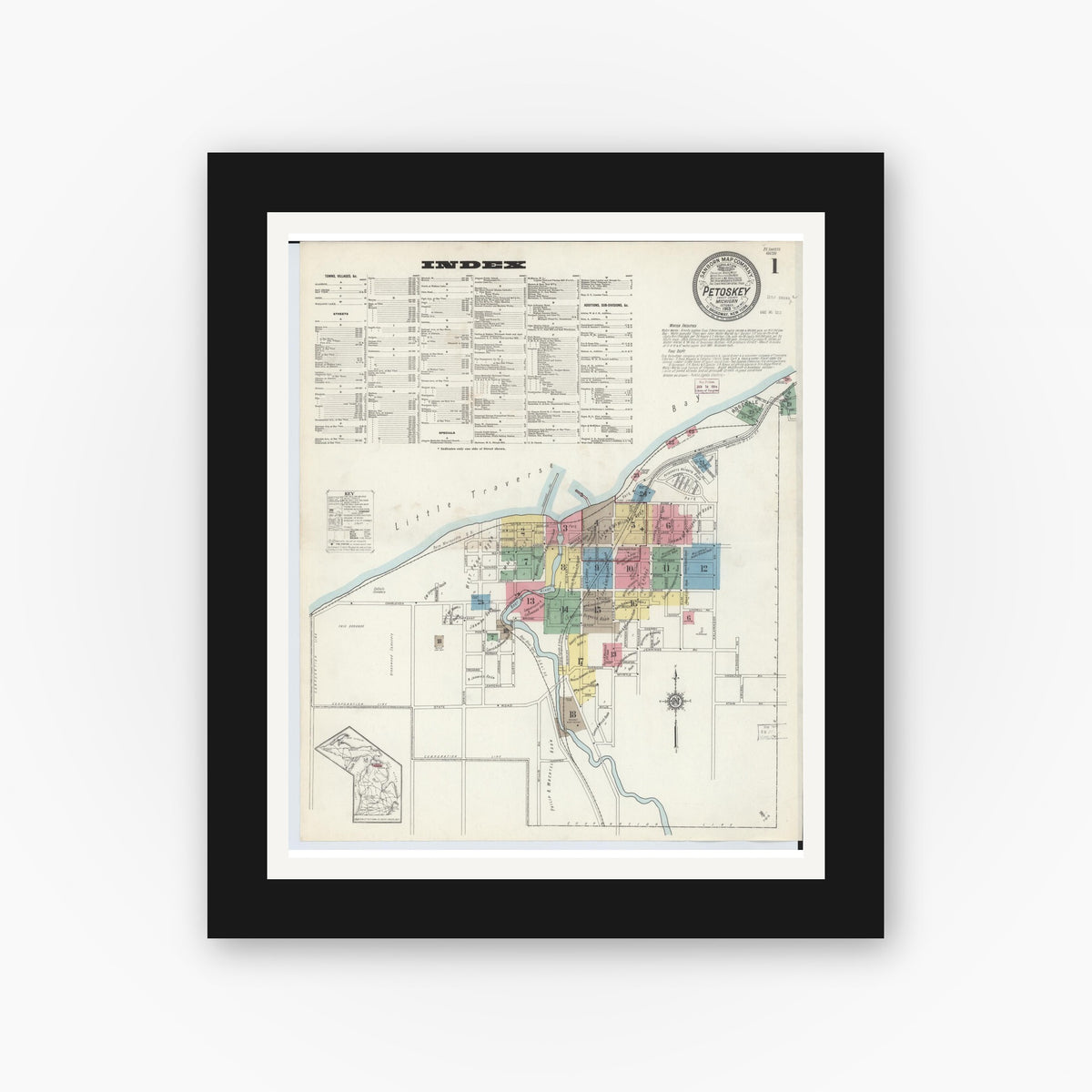 Old map wall art mockup — black gallery frame with white mat — Sanborn Fire Insurance Map from Petoskey, Emmet County, Michigan (1913) - Complete Map Set