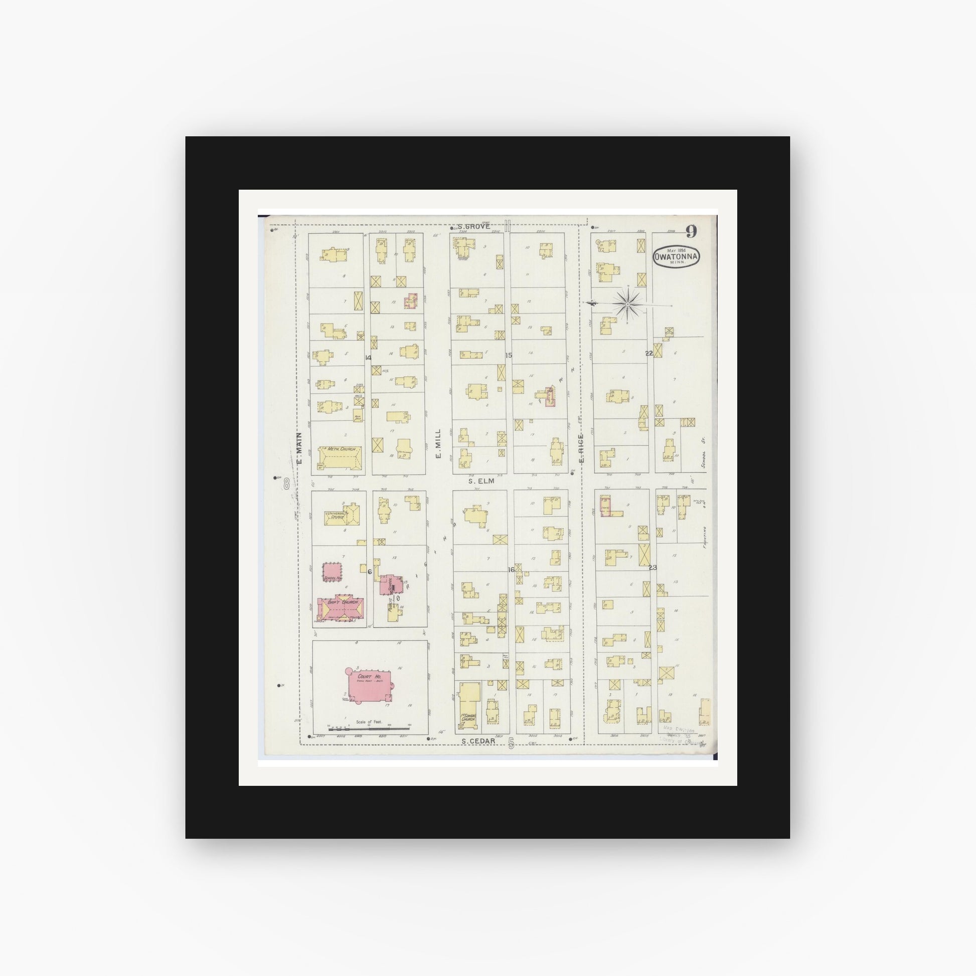 Old map wall art mockup — black gallery frame with white mat — Sanborn Fire Insurance Map from Owatonna, Steele County, Minnesota (1894), Sheet #0009