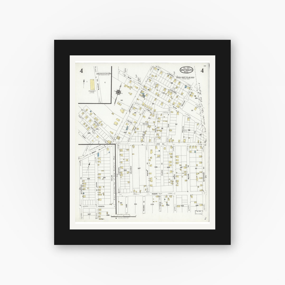 Old map wall art mockup — black gallery frame with white mat — Sanborn Fire Insurance Map from Dartmouth, Bristol County, Massachusetts (1924), Sheet #0004