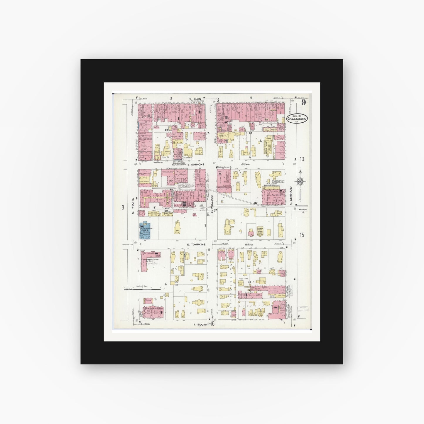 Old map wall art mockup — black gallery frame with white mat — Sanborn Fire Insurance Map from Galesburg, Knox County, Illinois (1911), Sheet #0009