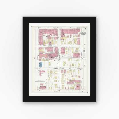 Old map wall art mockup — black gallery frame with white mat — Sanborn Fire Insurance Map from Galesburg, Knox County, Illinois (1911), Sheet #0009