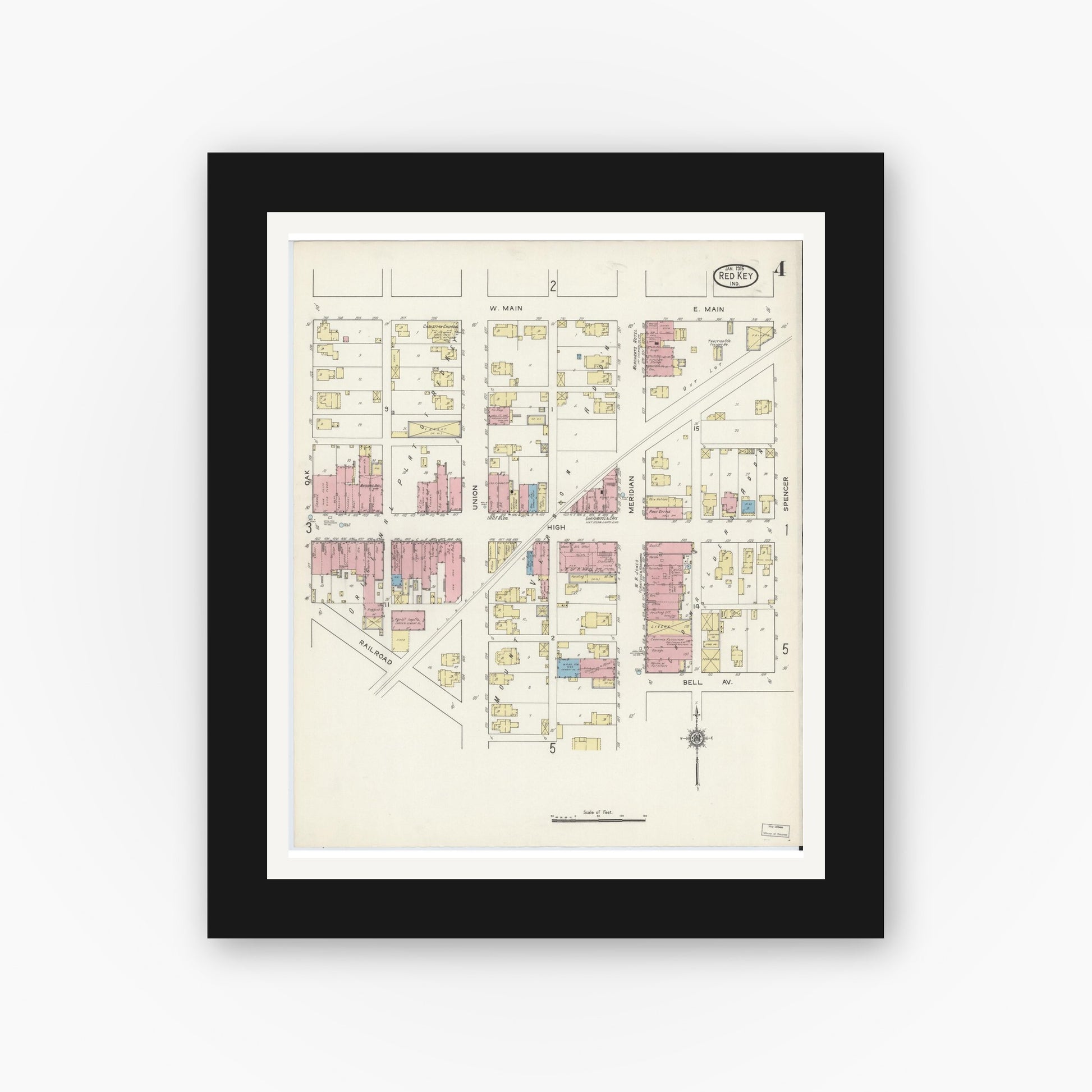 Old map wall art mockup — black gallery frame with white mat — Sanborn Fire Insurance Map from Redkey, Jay County, Indiana (1915), Sheet #0004