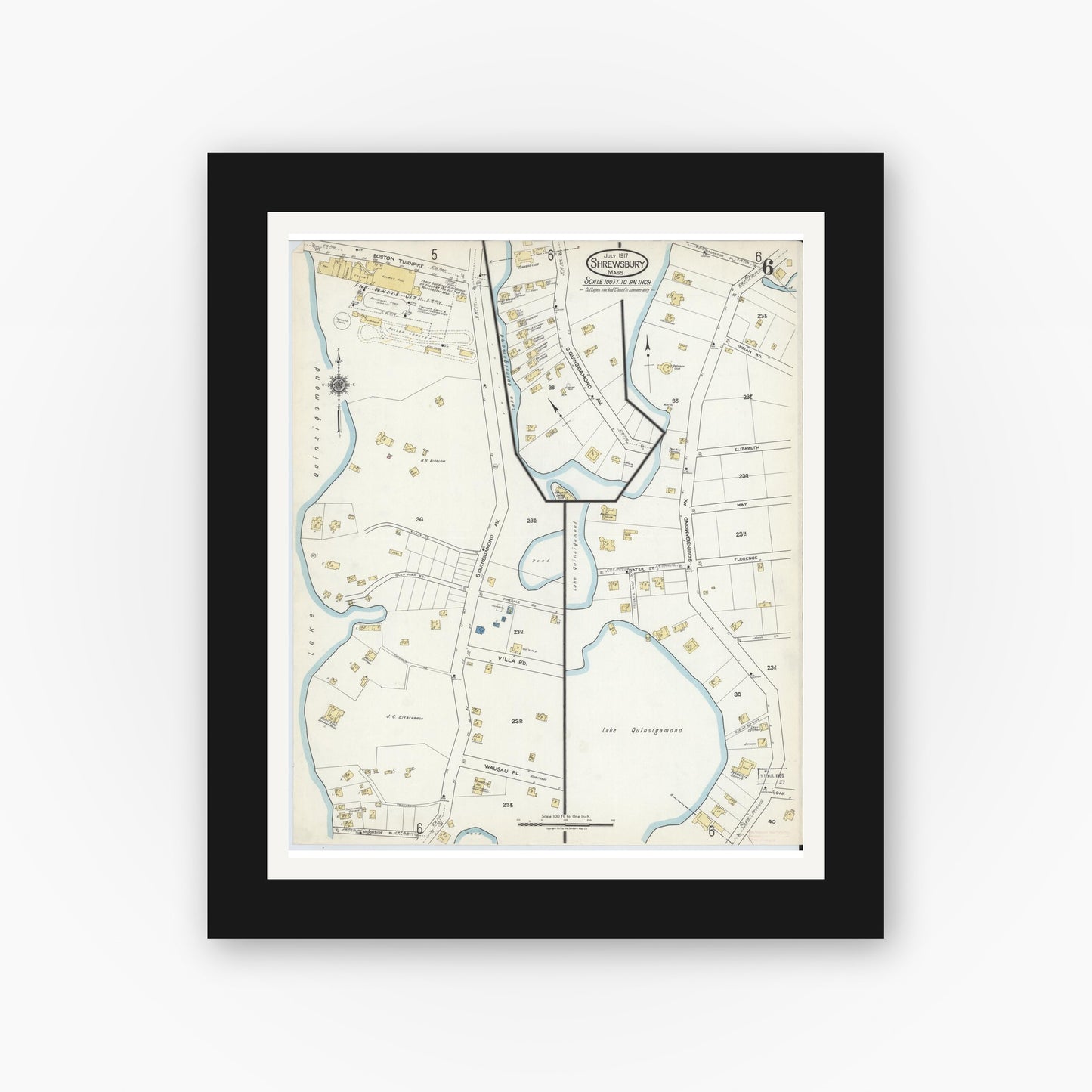 Old map wall art mockup — black gallery frame with white mat — Sanborn Fire Insurance Map from Shrewsbury, Worcester County, Massachusetts (1917), Sheet #0006