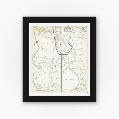 Old map wall art mockup — black gallery frame with white mat — Sanborn Fire Insurance Map from Shrewsbury, Worcester County, Massachusetts (1917), Sheet #0006