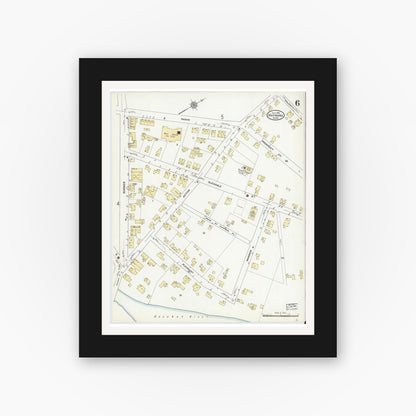 Old map wall art mockup — black gallery frame with white mat — Sanborn Fire Insurance Map from Maynard, Middlesex County, Massachusetts (1910), Sheet #0006
