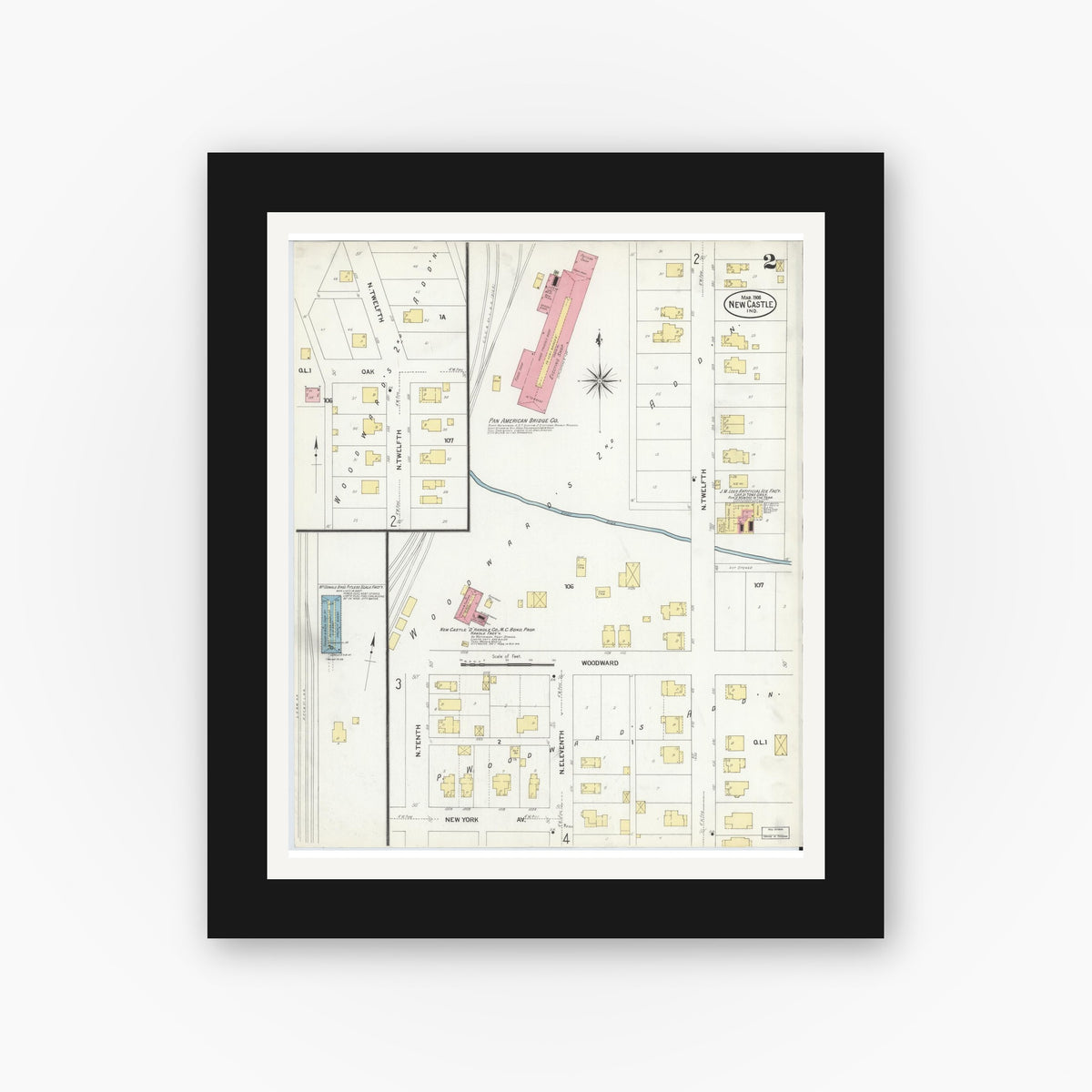 Old map wall art mockup — black gallery frame with white mat — Sanborn Fire Insurance Map from New Castle, Henry County, Indiana (1908), Sheet #0002
