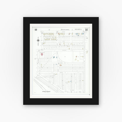 Old map wall art mockup — black gallery frame with white mat — Sanborn Fire Insurance Map from Beloit, Rock County, Wisconsin (1939), Sheet #0013