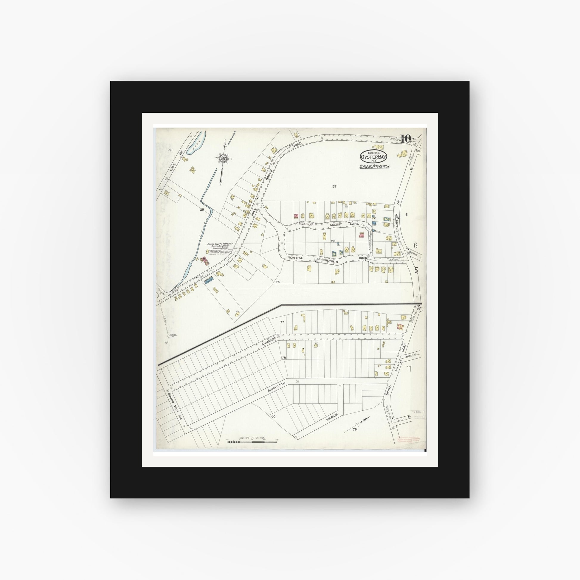 Old map wall art mockup — black gallery frame with white mat — Sanborn Fire Insurance Map from Oyster Bay, Nassau County, New York (1915), Sheet #0010