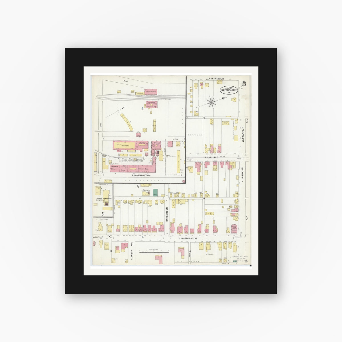 Old map wall art mockup — black gallery frame with white mat — Sanborn Fire Insurance Map from Greencastle, Franklin County, Pennsylvania (1907), Sheet #0005