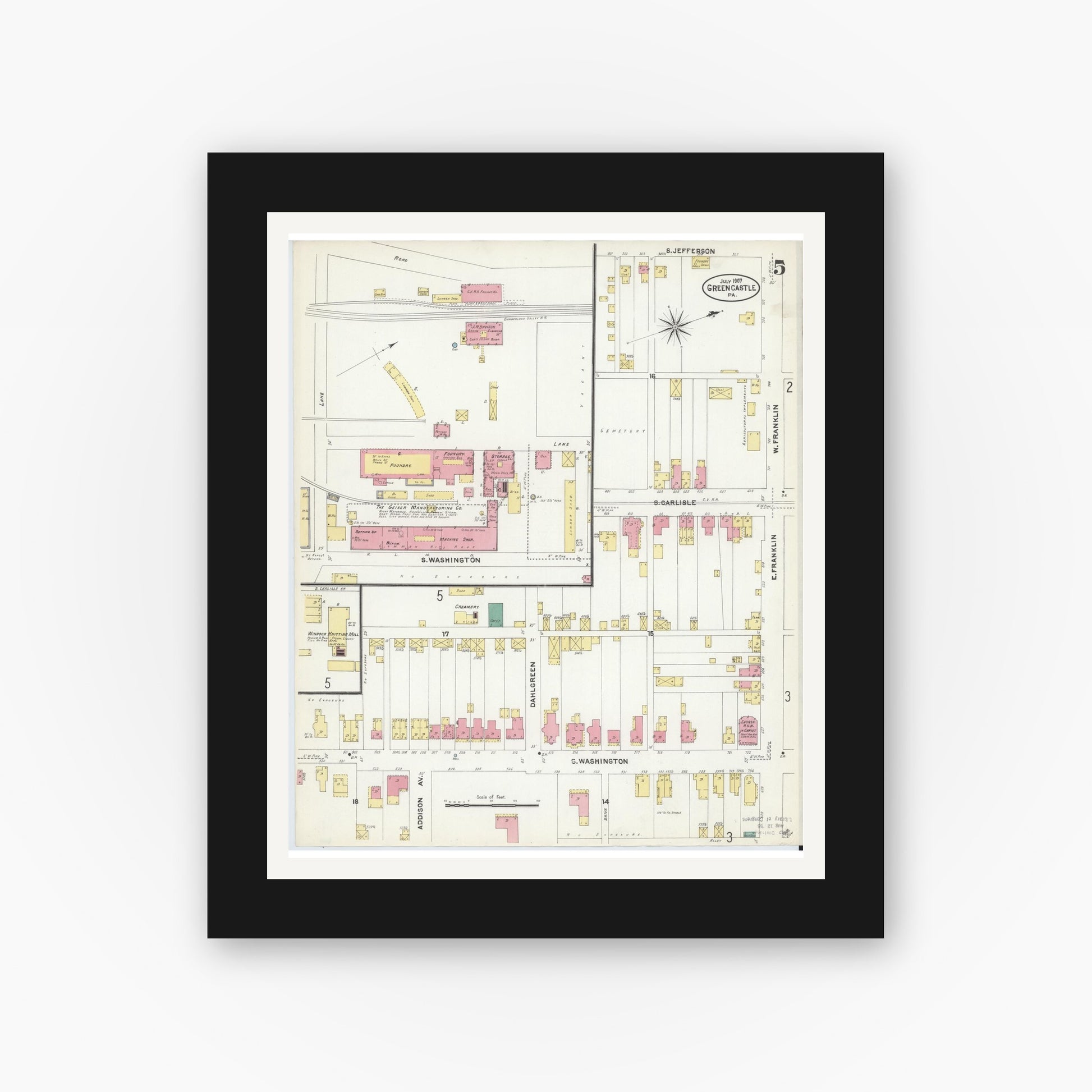 Old map wall art mockup — black gallery frame with white mat — Sanborn Fire Insurance Map from Greencastle, Franklin County, Pennsylvania (1907), Sheet #0005