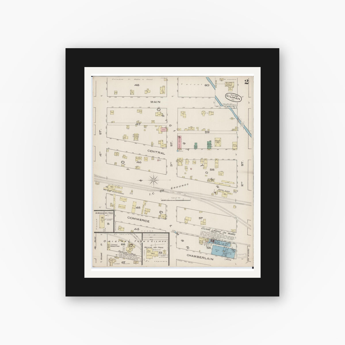 Old map wall art mockup — black gallery frame with white mat — Sanborn Fire Insurance Map from Gilman, Iroquois County, Illinois (1885), Sheet #0002