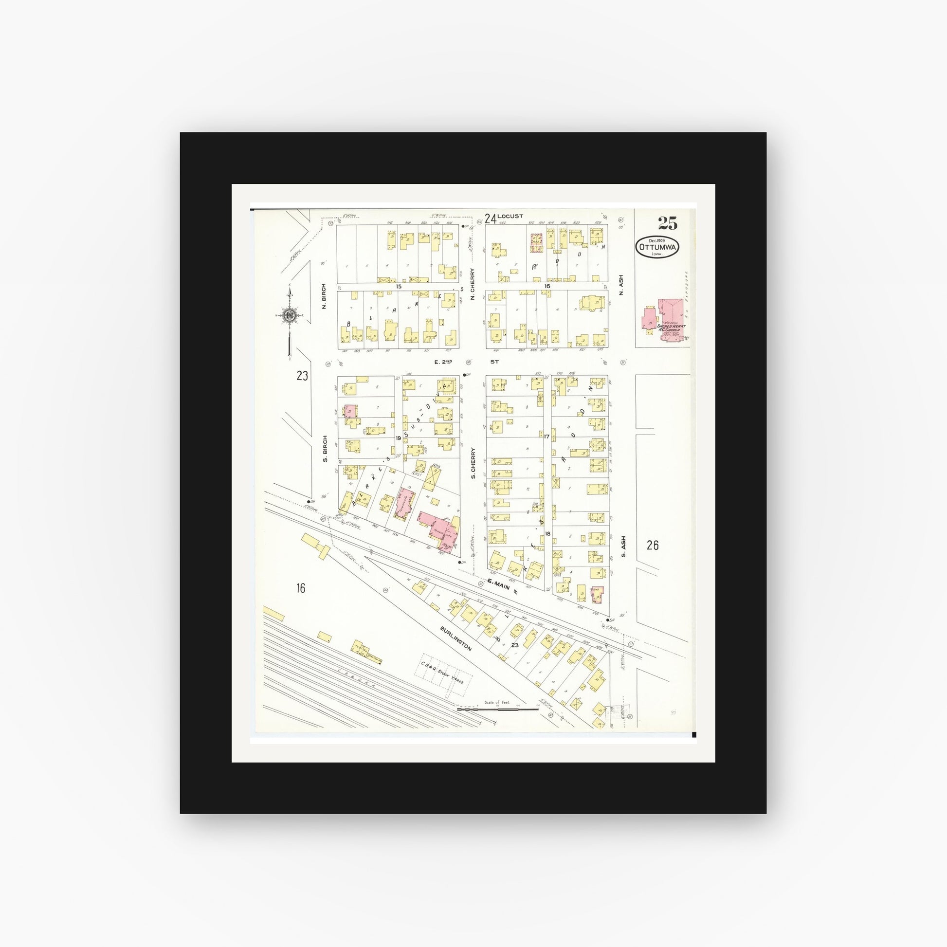 Old map wall art mockup — black gallery frame with white mat — Sanborn Fire Insurance Map from Ottumwa, Wapello County, Iowa (1909), Sheet #0025