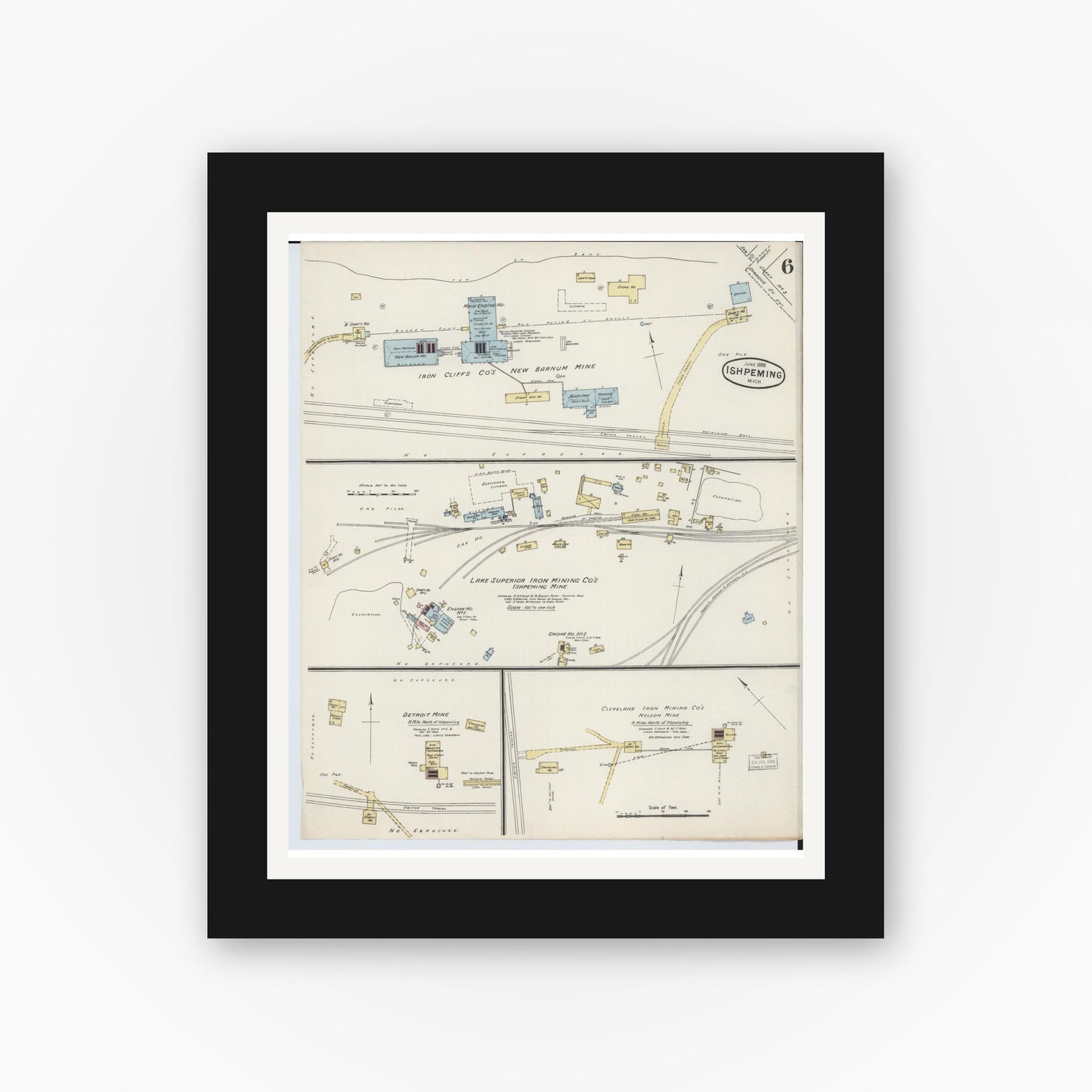 Old map wall art mockup — black gallery frame with white mat — Sanborn Fire Insurance Map from Ishpeming, Marquette County, Michigan (1888), Sheet #0006