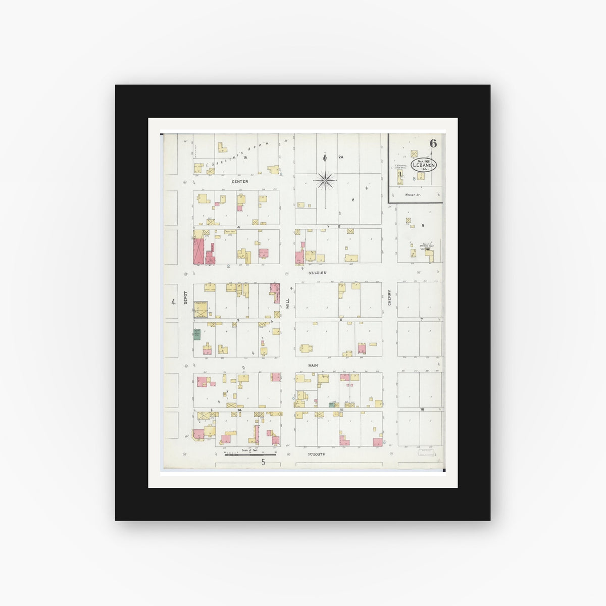 Old map wall art mockup — black gallery frame with white mat — Sanborn Fire Insurance Map from Lebanon, Saint Clair County, Illinois (1906), Sheet #0006