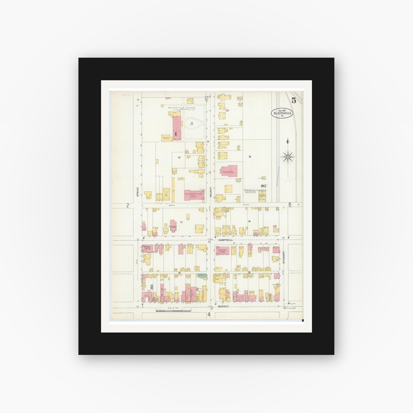 Old map wall art mockup — black gallery frame with white mat — Sanborn Fire Insurance Map from Blairsville, Indiana County, Pennsylvania (1903), Sheet #0005