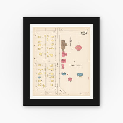 Old map wall art mockup — black gallery frame with white mat — Sanborn Fire Insurance Map from Grinnell, Poweshiek County, Iowa (1922), Sheet #0006