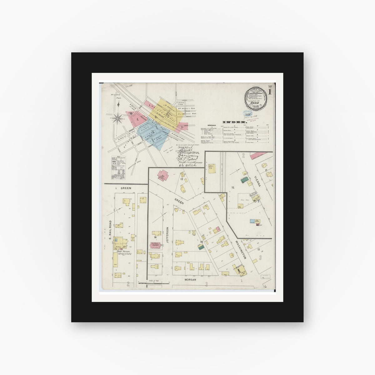Old map wall art mockup — black gallery frame with white mat — Sanborn Fire Insurance Map from Anna, Union County, Illinois (1894), Sheet #0001
