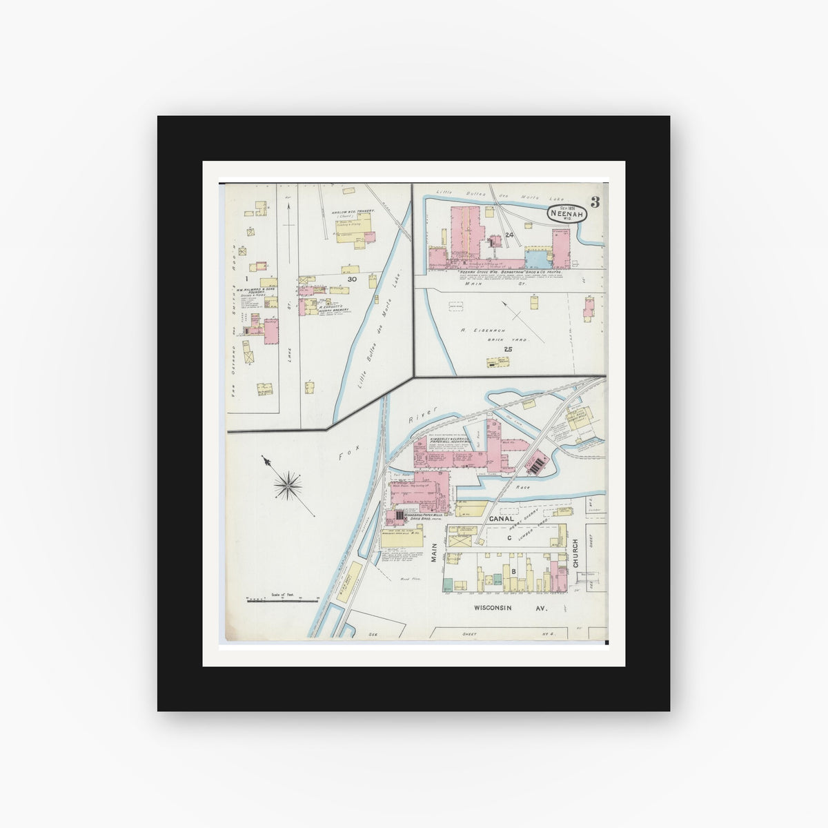 Old map wall art mockup — black gallery frame with white mat — Sanborn Fire Insurance Map from Neenah, Winnebago County, Wisconsin (1891), Sheet #0003