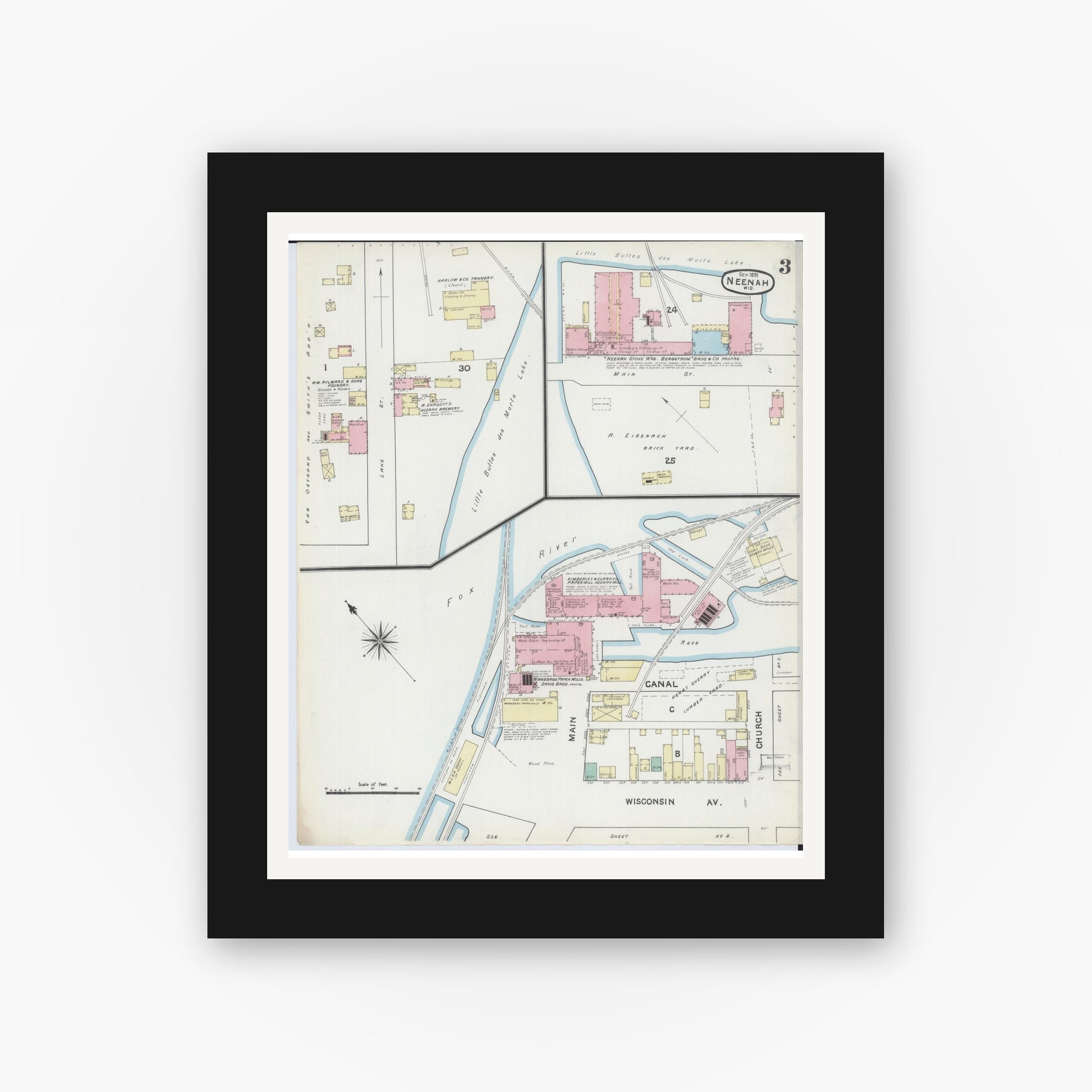 Old map wall art mockup — black gallery frame with white mat — Sanborn Fire Insurance Map from Neenah, Winnebago County, Wisconsin (1891), Sheet #0003