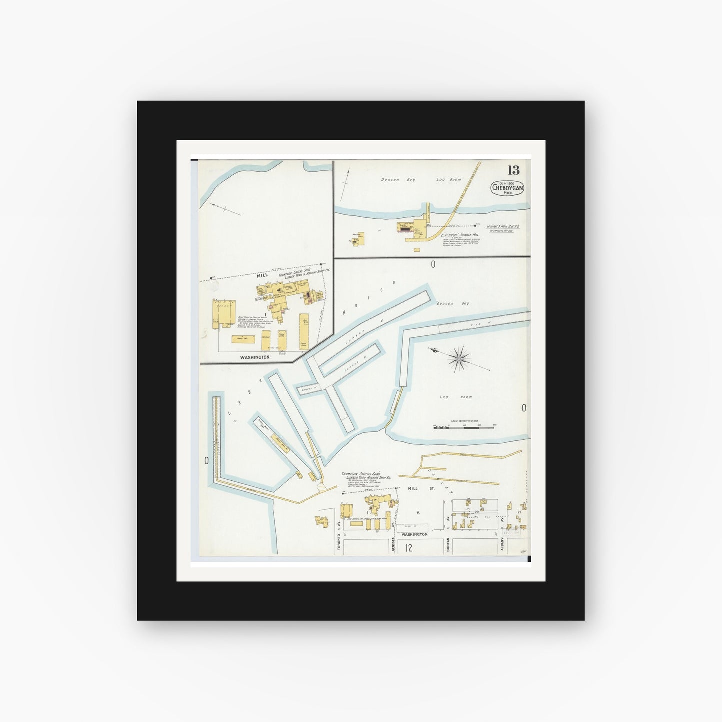 Old map wall art mockup — black gallery frame with white mat — Sanborn Fire Insurance Map from Cheboygan, Cheboygan County, Michigan (1900), Sheet #0013