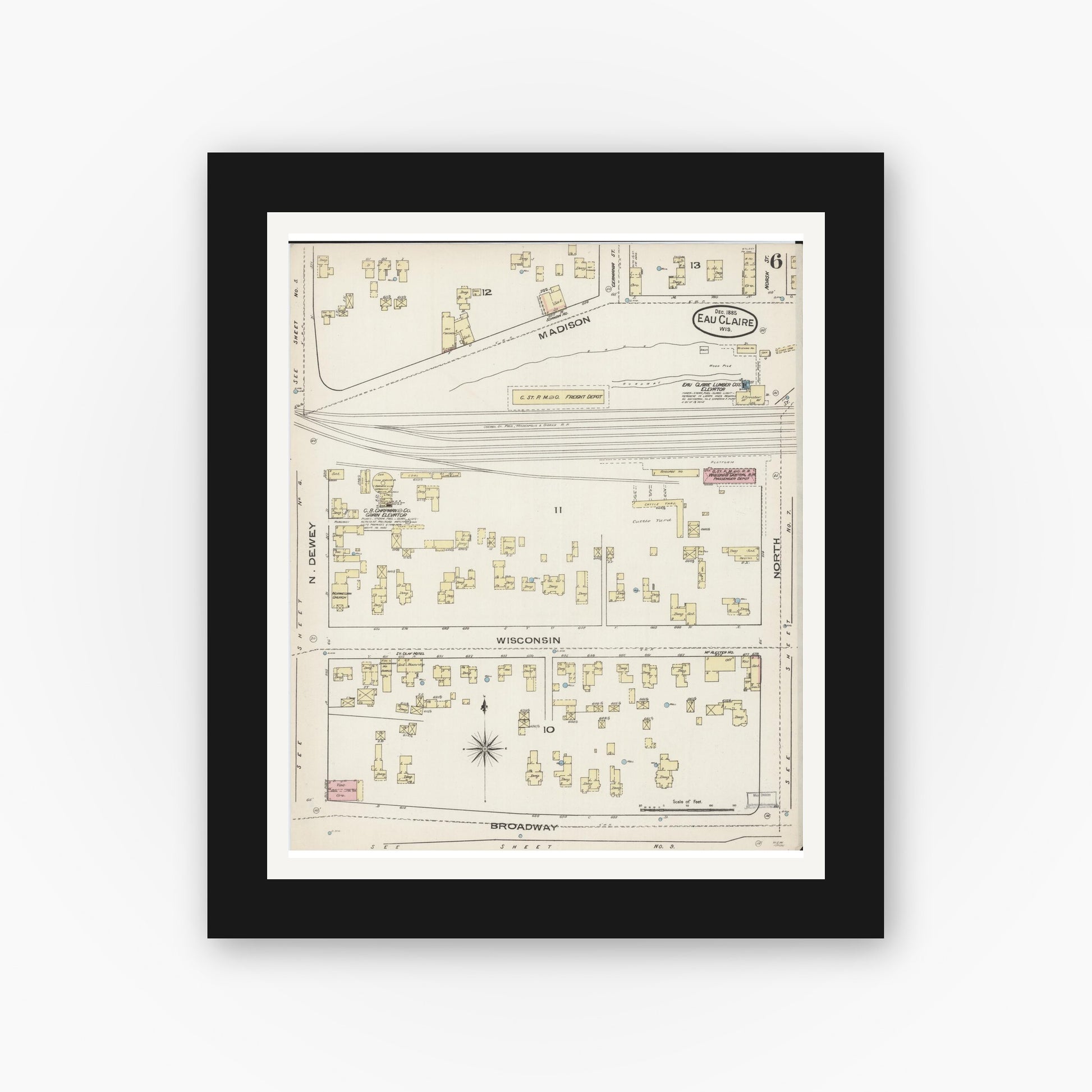 Old map wall art mockup — black gallery frame with white mat — Sanborn Fire Insurance Map from Eau Claire, Eau Claire County, Wisconsin (1885), Sheet #0006