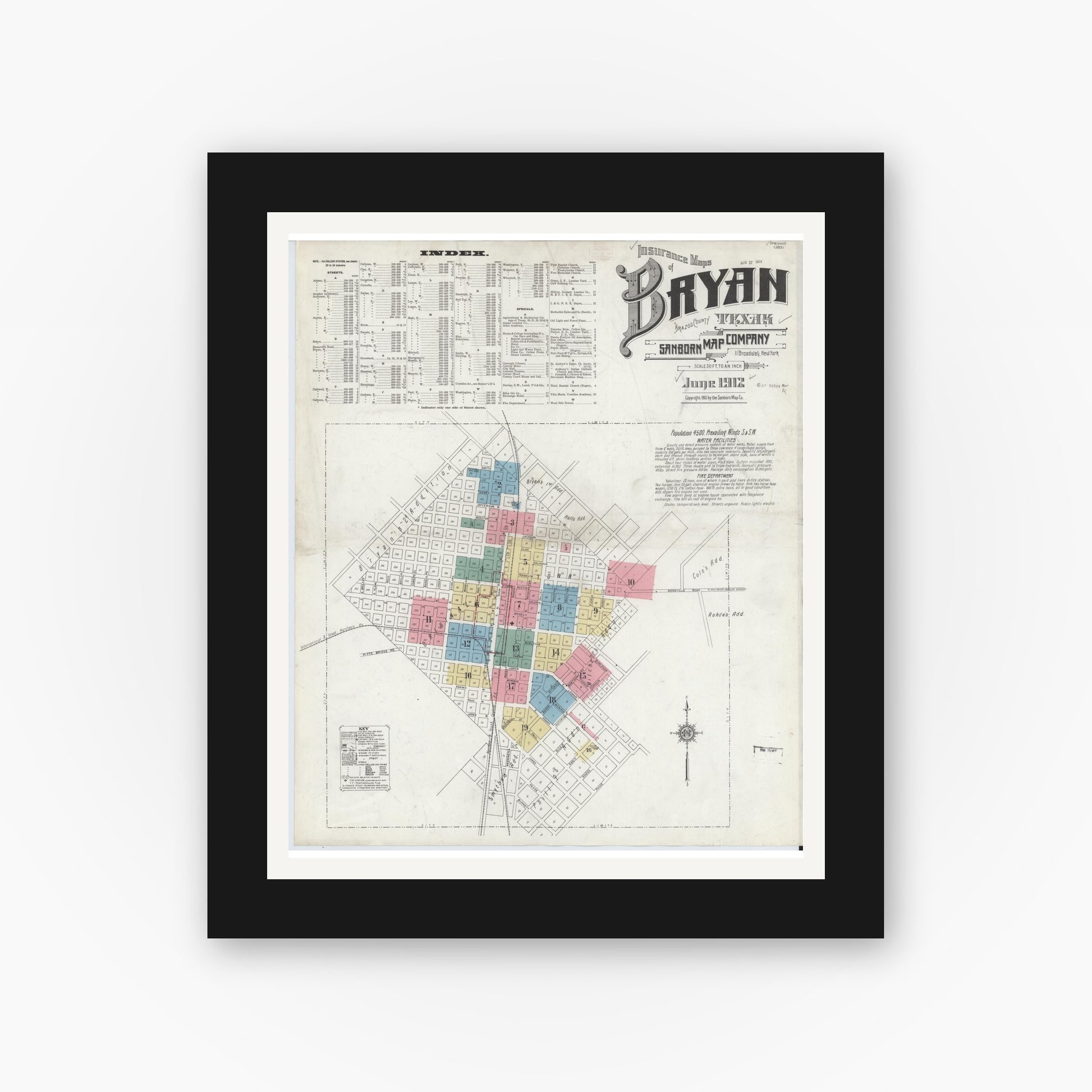 Old map wall art mockup — black gallery frame with white mat — Sanborn Fire Insurance Map from Bryan, Brazos County, Texas (1912), Sheet #0001