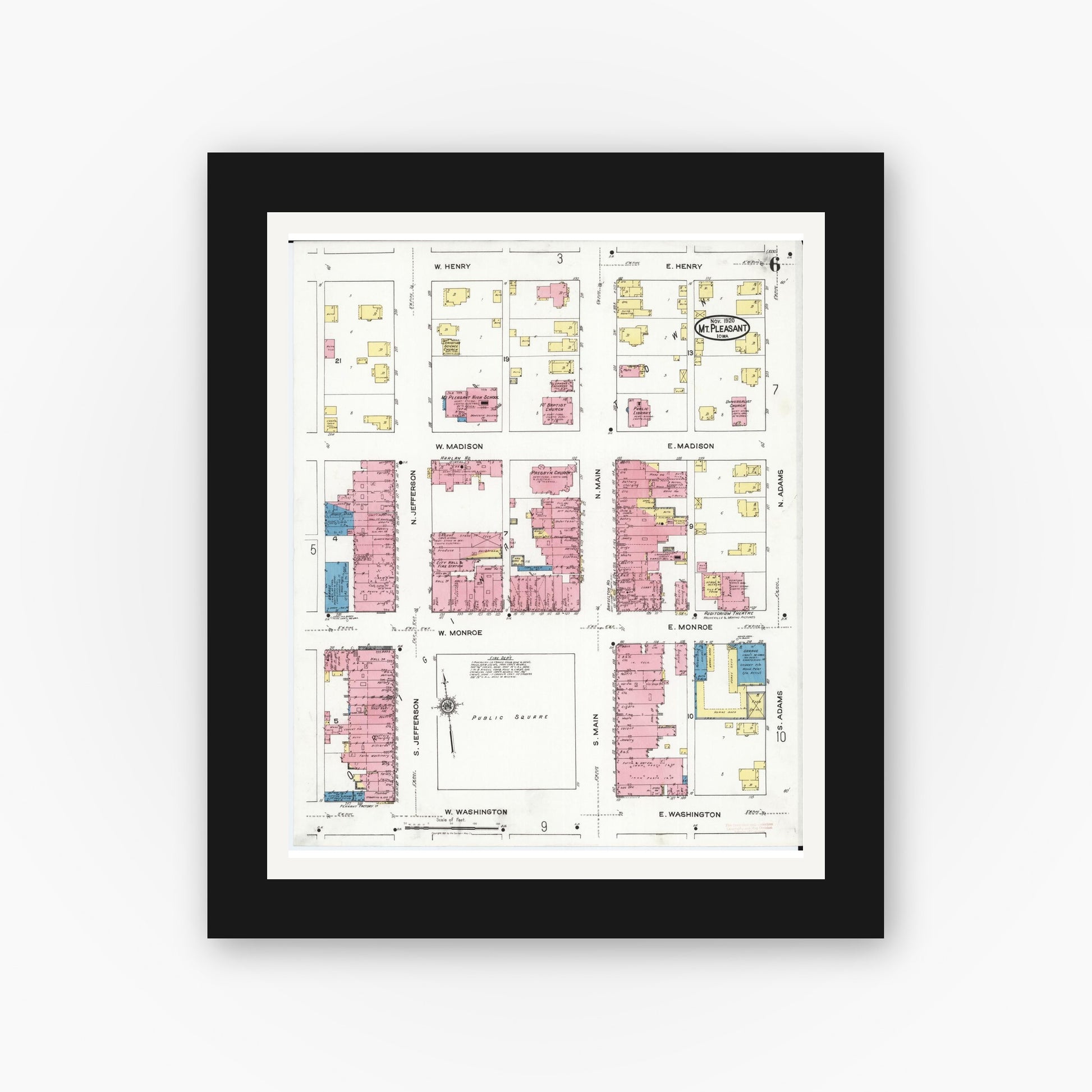 Old map wall art mockup — black gallery frame with white mat — Sanborn Fire Insurance Map from Mount Pleasant, Henry County, Iowa (1920), Sheet #0006