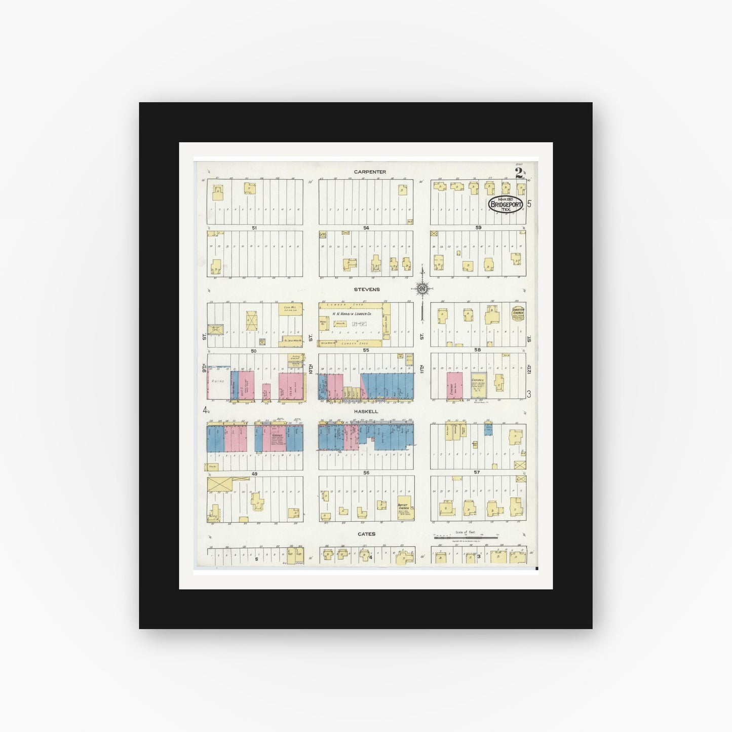 Old map wall art mockup — black gallery frame with white mat — Sanborn Fire Insurance Map from Bridgeport, Wise County, Texas (1921), Sheet #0002