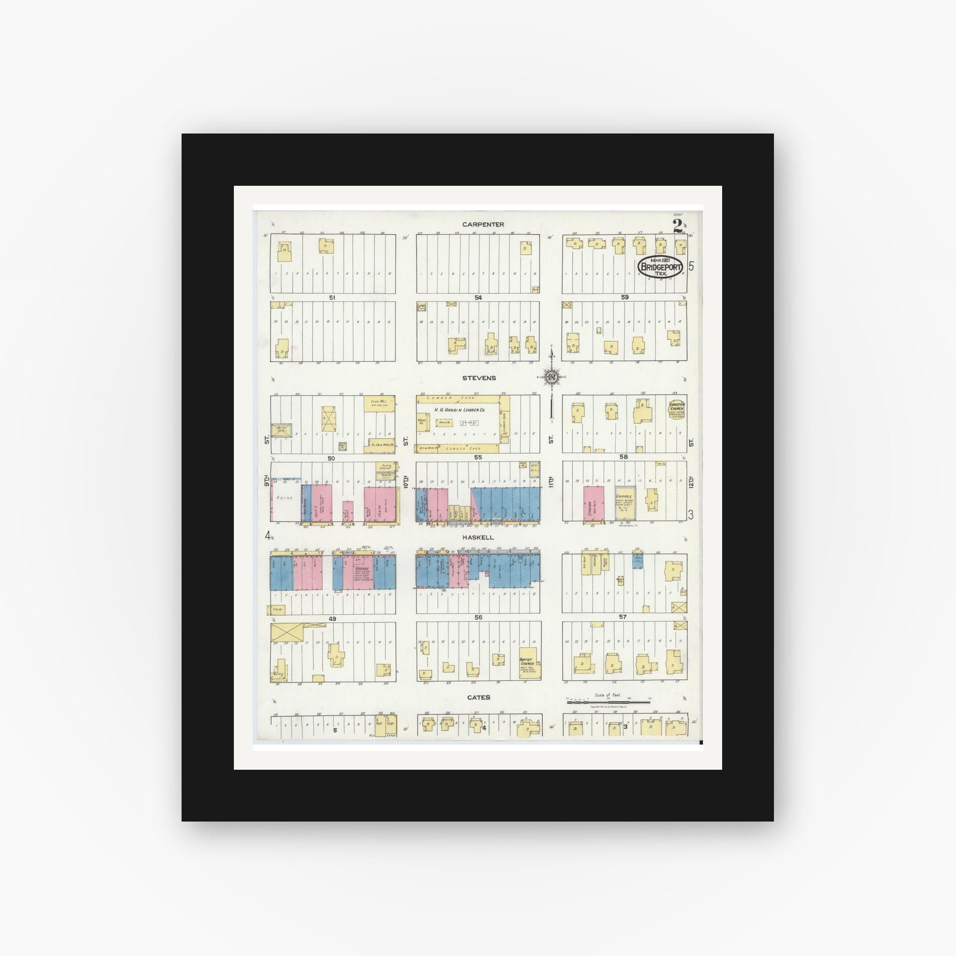 Old map wall art mockup — black gallery frame with white mat — Sanborn Fire Insurance Map from Bridgeport, Wise County, Texas (1921), Sheet #0002