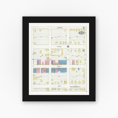 Old map wall art mockup — black gallery frame with white mat — Sanborn Fire Insurance Map from Bridgeport, Wise County, Texas (1921), Sheet #0002