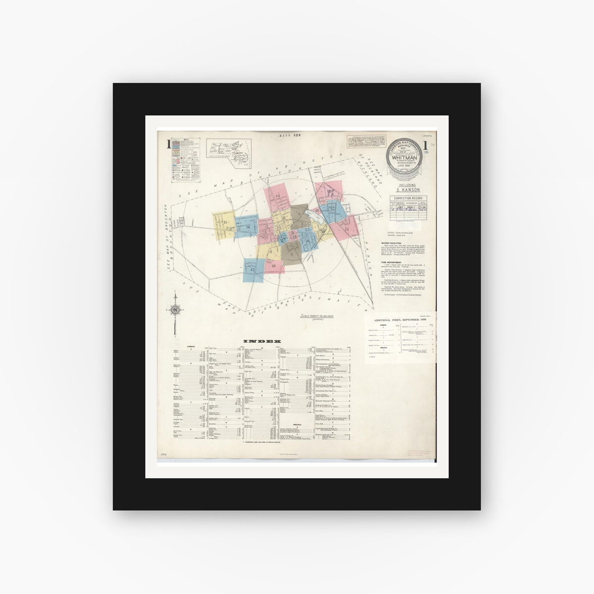 Old map wall art mockup — black gallery frame with white mat — Sanborn Fire Insurance Map from Whitman, Plymouth County, Massachusetts (1950) - Complete Map Set