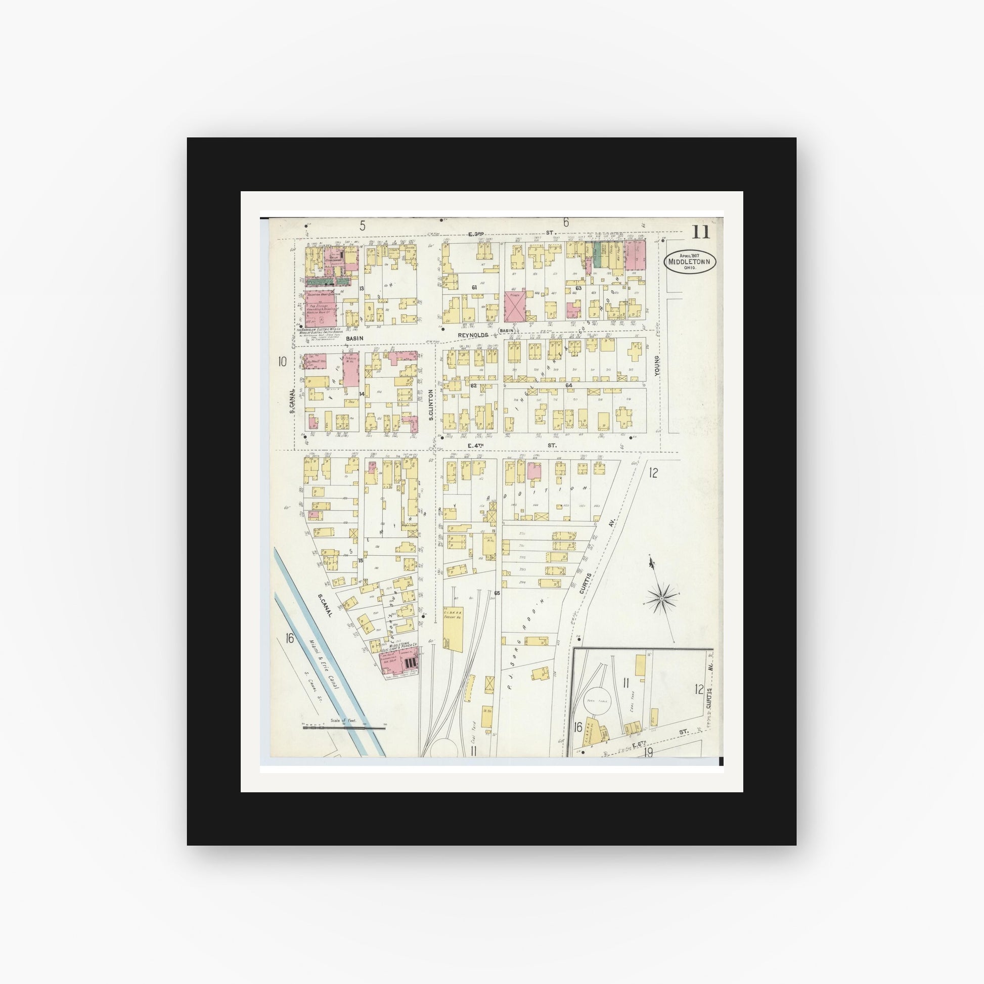 Old map wall art mockup — black gallery frame with white mat — Sanborn Fire Insurance Map from Middletown, Butler County, Ohio (1907), Sheet #0011