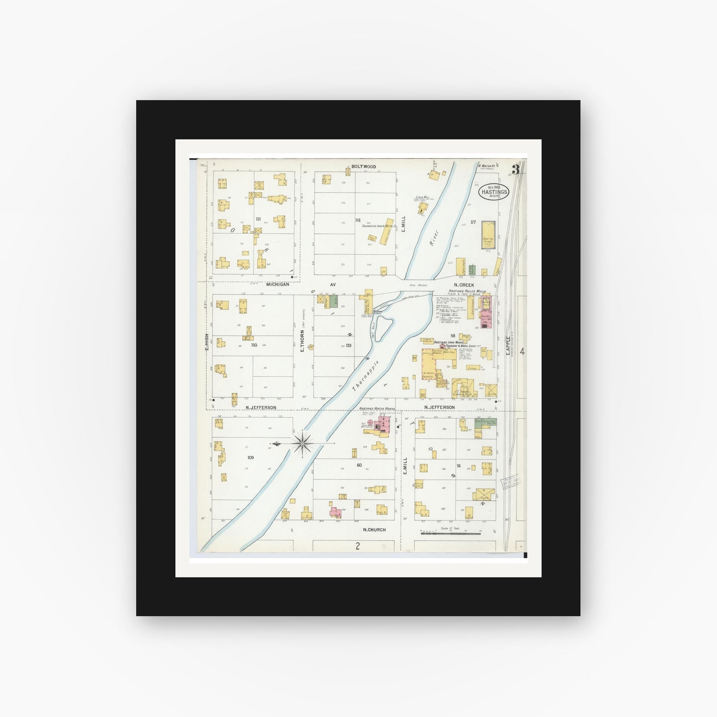 Old map wall art mockup — black gallery frame with white mat — Sanborn Fire Insurance Map from Hastings, Barry County, Michigan (1900), Sheet #0003