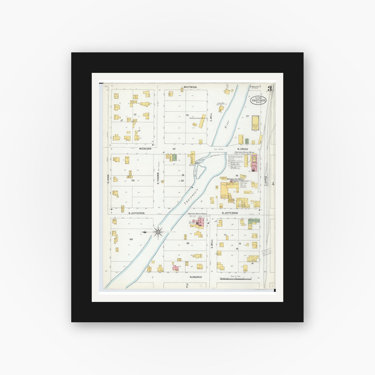 Old map wall art mockup — black gallery frame with white mat — Sanborn Fire Insurance Map from Hastings, Barry County, Michigan (1900), Sheet #0003