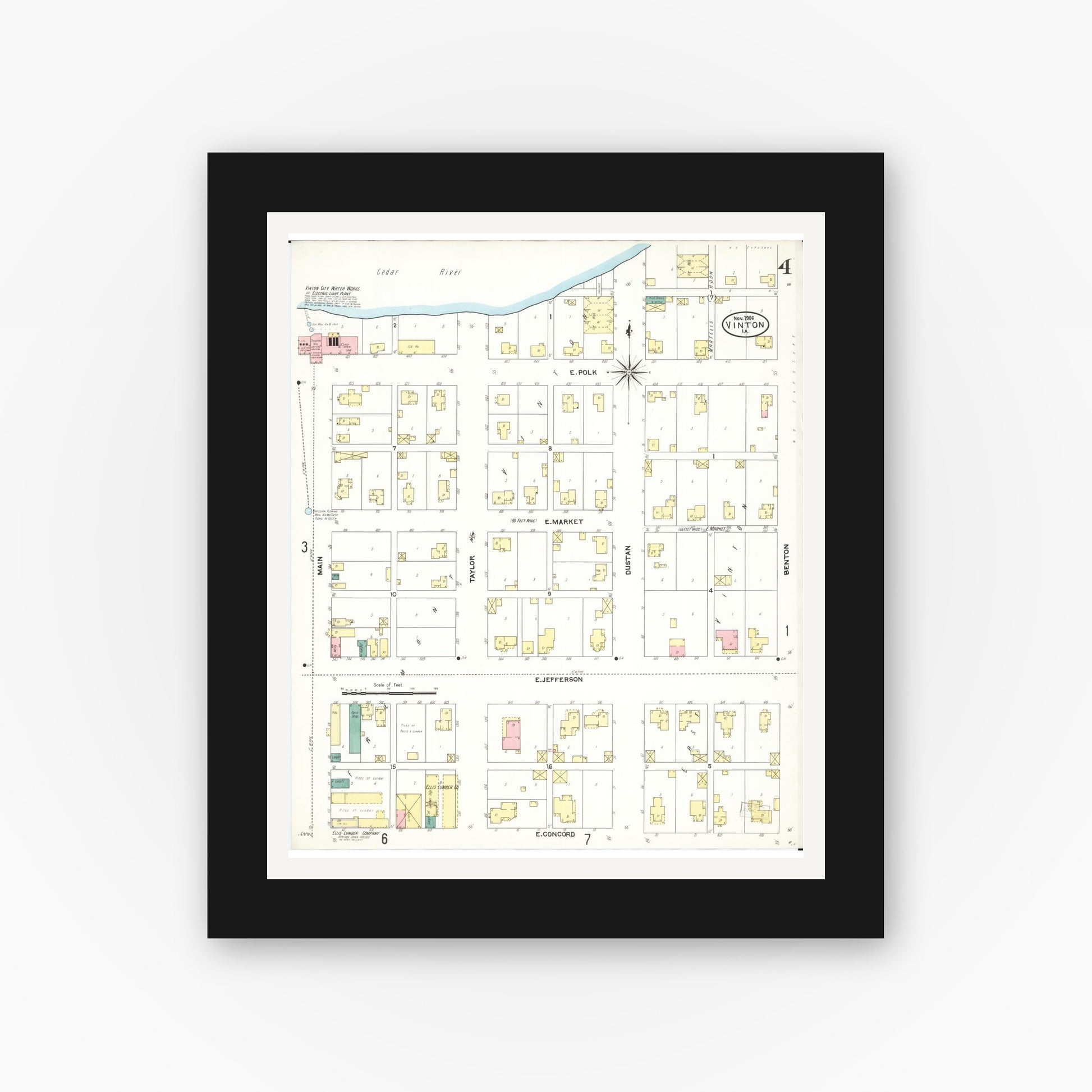 Old map wall art mockup — black gallery frame with white mat — Sanborn Fire Insurance Map from Vinton, Benton County, Iowa (1906), Sheet #0004