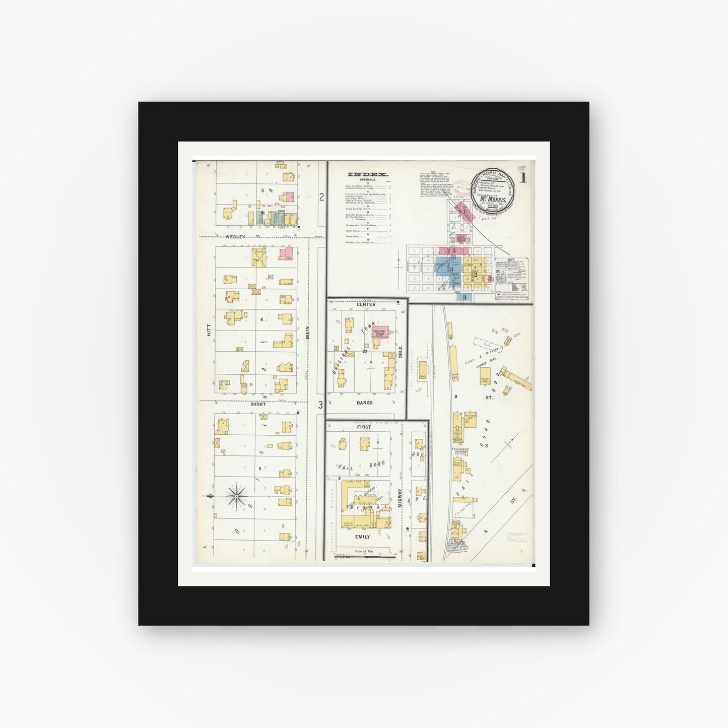 Old map wall art mockup — black gallery frame with white mat — Sanborn Fire Insurance Map from Mount Morris, Ogle County, Illinois (1893), Sheet #0001