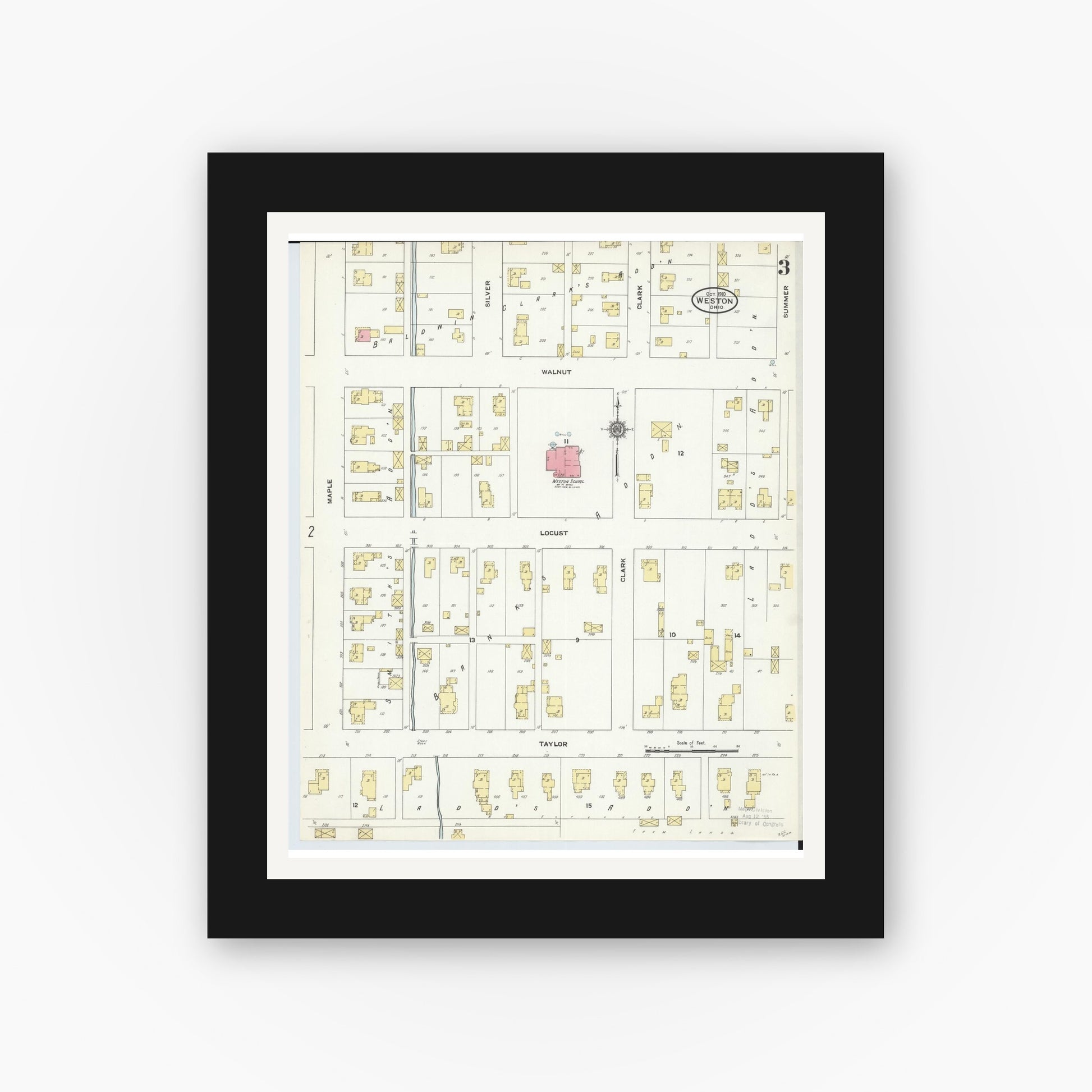 Old map wall art mockup — black gallery frame with white mat — Sanborn Fire Insurance Map from Weston, Wood County, Ohio (1910), Sheet #0003