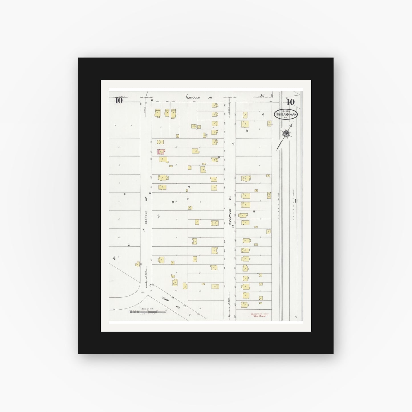 Old map wall art mockup — black gallery frame with white mat — Sanborn Fire Insurance Map from Highland Park, Lake County, Illinois (1924), Sheet #0010