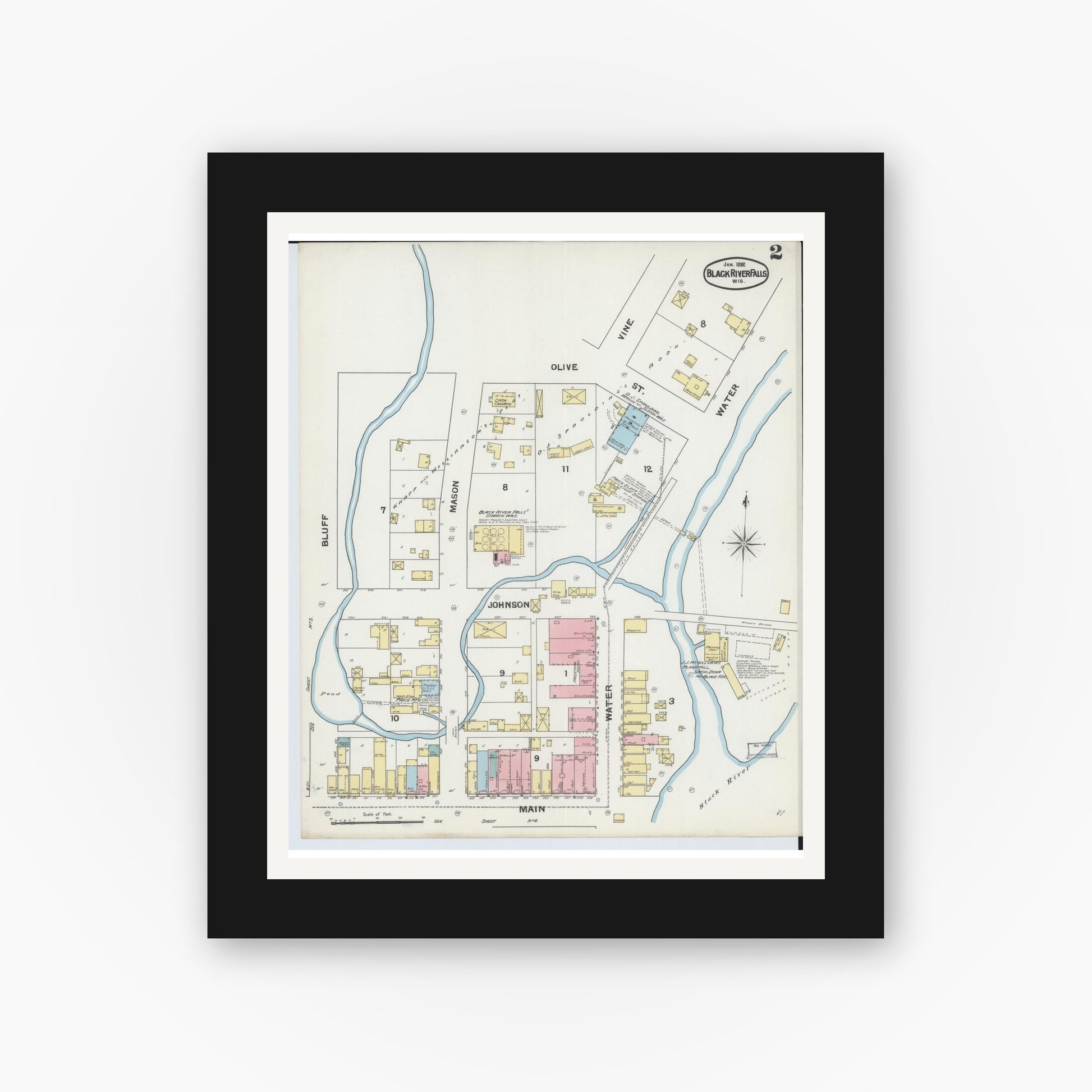 Old map wall art mockup — black gallery frame with white mat — Sanborn Fire Insurance Map from Black River Falls, Jackson County, Wisconsin (1892), Sheet #0002
