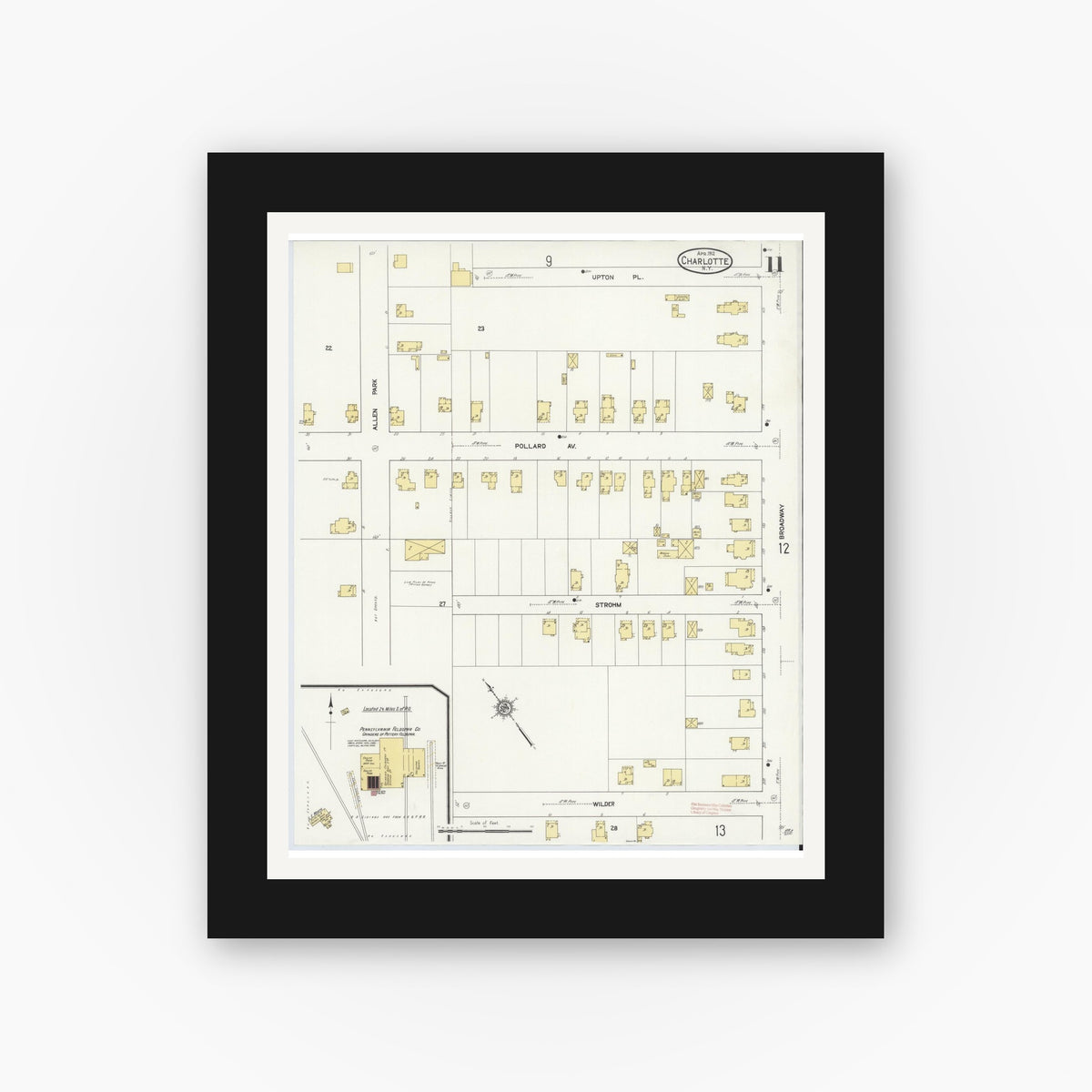 Old map wall art mockup — black gallery frame with white mat — Sanborn Fire Insurance Map from Charlotte, Monroe County, New York (1912), Sheet #0011