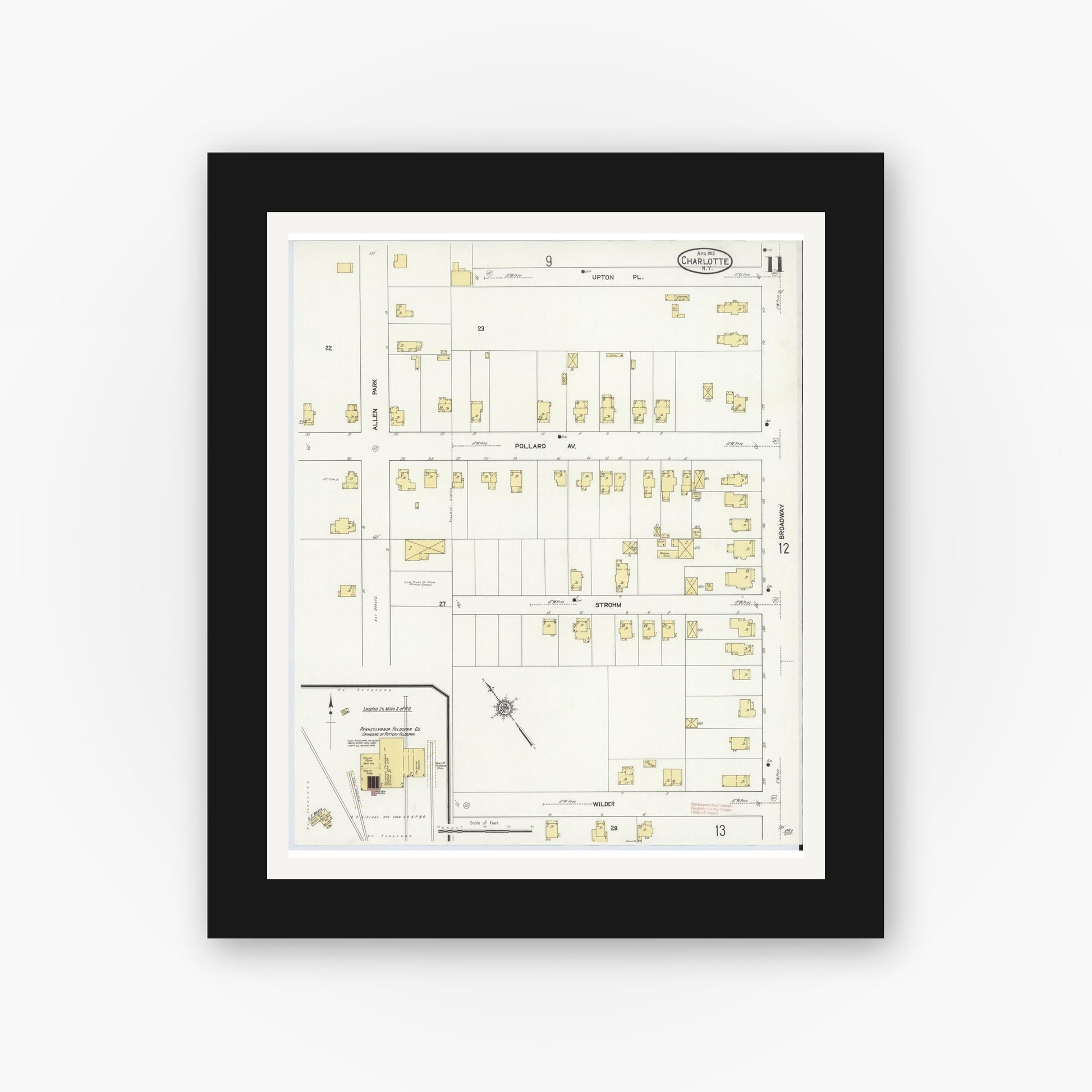 Old map wall art mockup — black gallery frame with white mat — Sanborn Fire Insurance Map from Charlotte, Monroe County, New York (1912), Sheet #0011