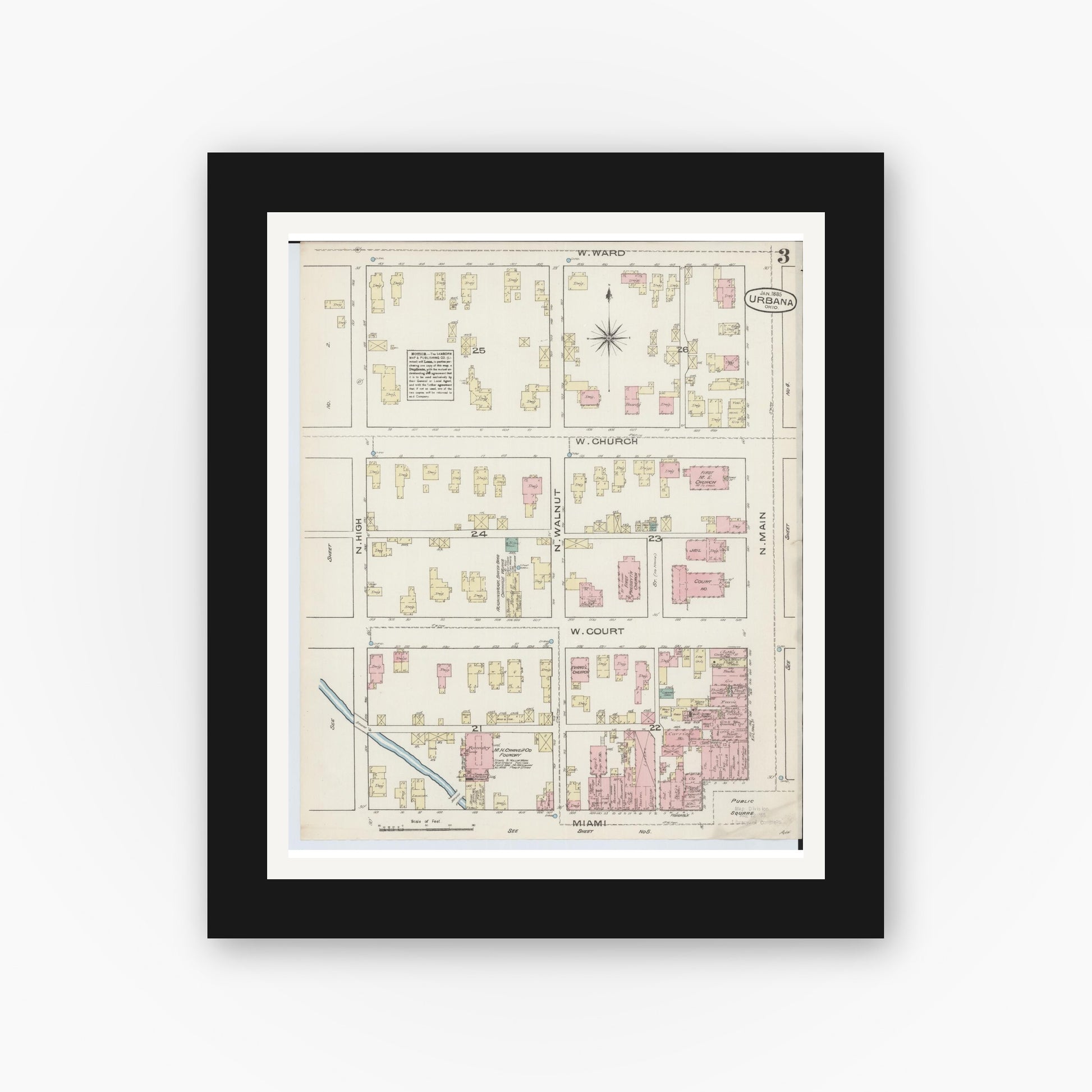 Old map wall art mockup — black gallery frame with white mat — Sanborn Fire Insurance Map from Urbana, Champaign County, Ohio (1885), Sheet #0003