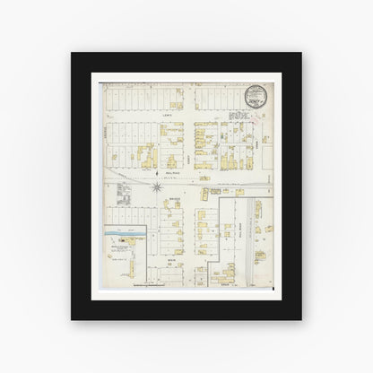Old map wall art mockup — black gallery frame with white mat — Sanborn Fire Insurance Map from Seney, Schoolcraft County, Michigan (1895), Sheet #0001